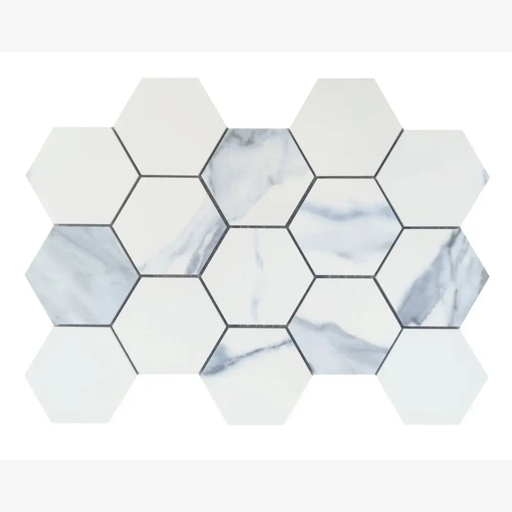 Calacatta Blue Matte Hexagon Mosaic 9x12 Porcelain Tile