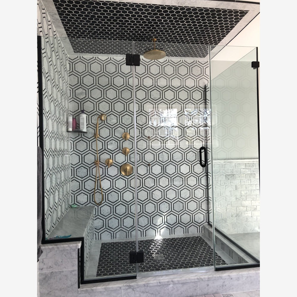 Carrara White 8x9 Milano Hexagon w/Black Marble Mosaic