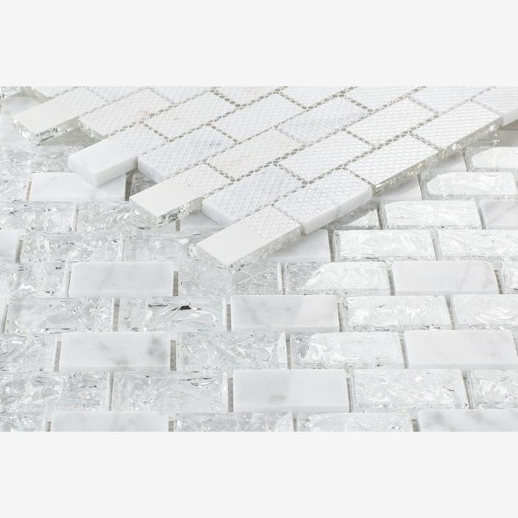 Icy White Crackled Glass Brick Mosaic