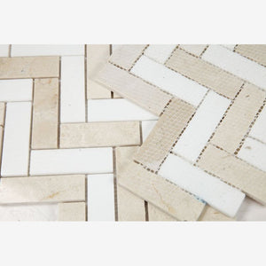 Crema Marfil & Thassos White Marble Herringbone 1X3 Mosaic Polished