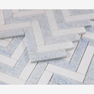 Thassos White & Azul Celeste ( Blue ) Herringbone 1X4 Mosaic Polished