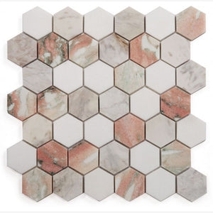 Rosa Norvegia & Thassos White 2" Hexagon Marble Polished