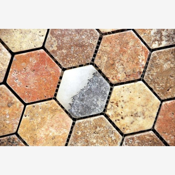 Scabos Travertine 2" Hexagon Tumbled Mosaic Tile