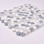 Load image into Gallery viewer, Carrara + Thassos + Blue Marble Penny Rounds 12x12 Polished/Honed Tile