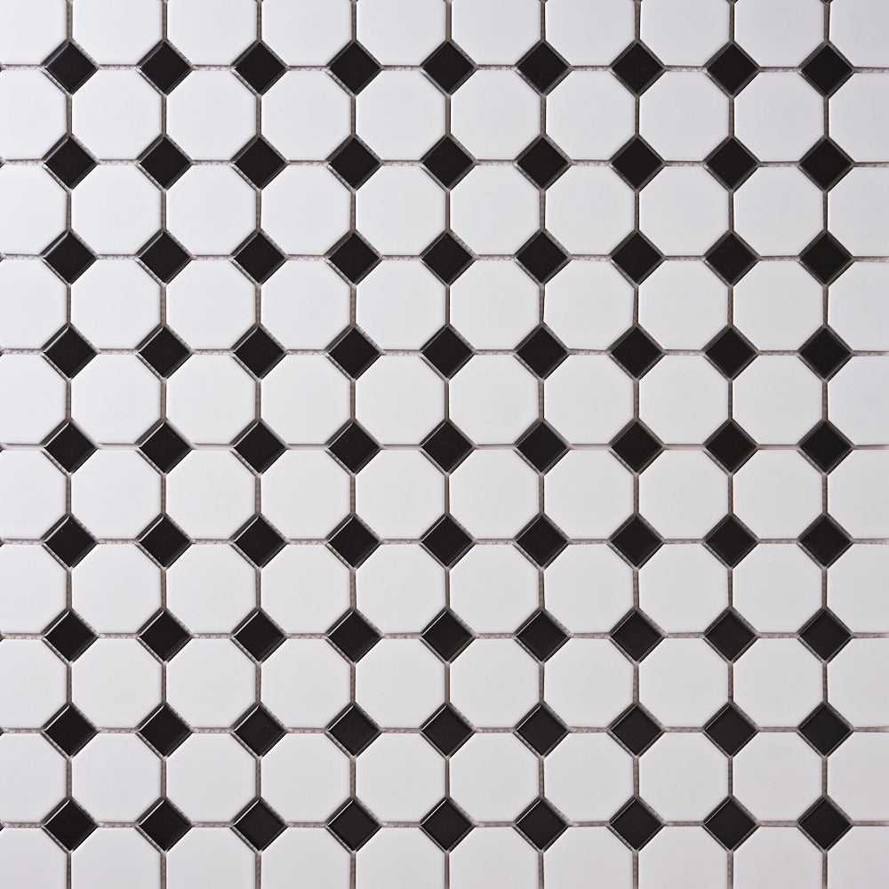 Simple White and Black Octagon Ceramic Mosaic Matte Tilezz 