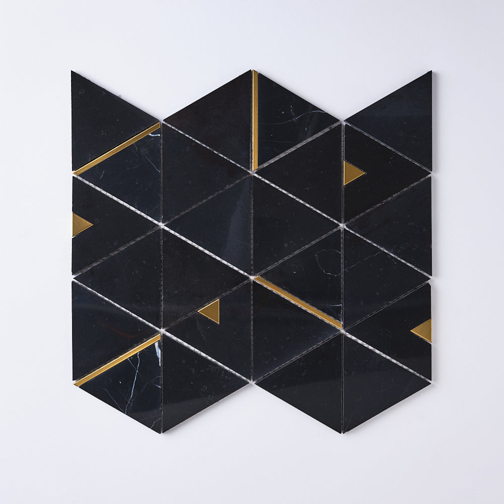 Glam Nero Marquina + Gold Brass Triangle Marble Mosaic Tilezz 