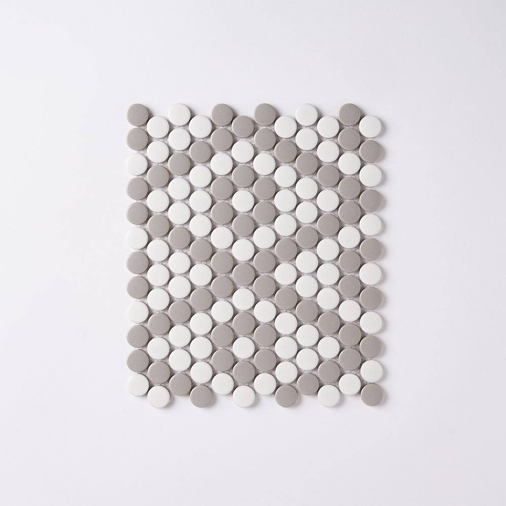 Simple Gray and White Penny Round Ceramic Mosaic Matte Tilezz 