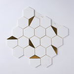Load image into Gallery viewer, Glam Thassos White + Gold Brass Hexagon Mosaic Tilezz 
