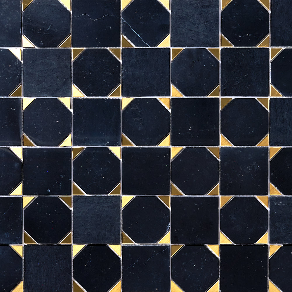 Glam Nero Marquina + Gold Brass Squares Mosaic Tilezz 