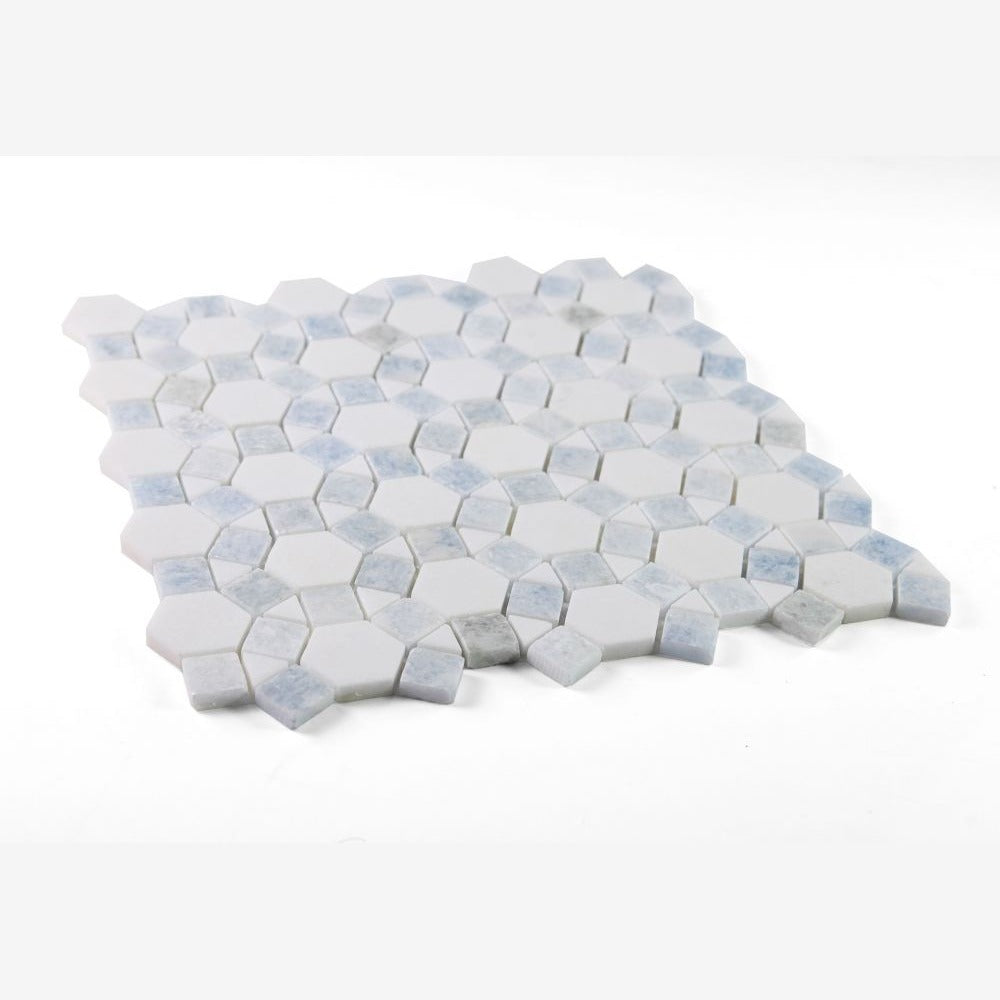 Granada Thassos White & Azul Celeste (Blue) 11.5x12 Marble Mosaic Tile