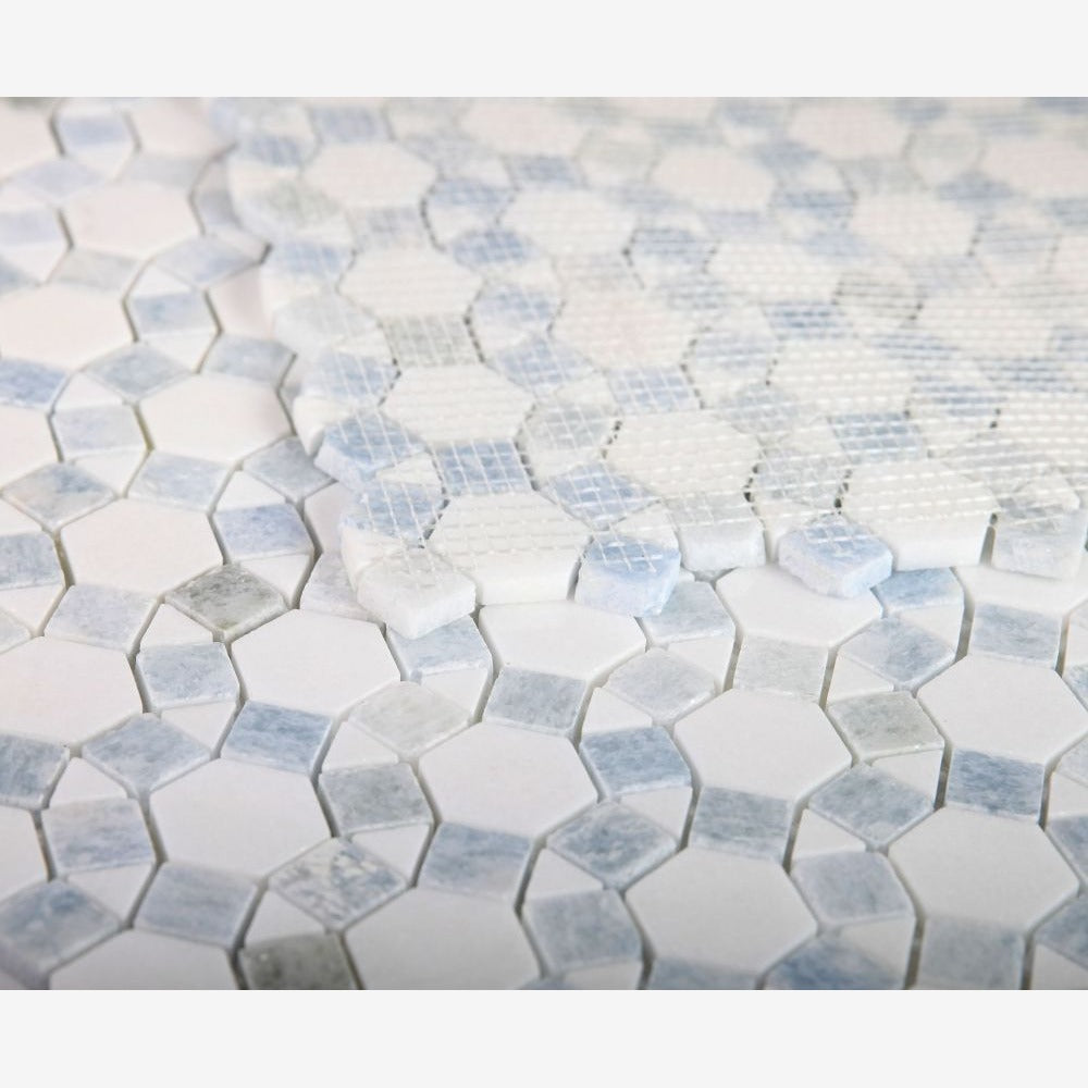Granada Thassos White & Azul Celeste (Blue) 11.5x12 Marble Mosaic Tile