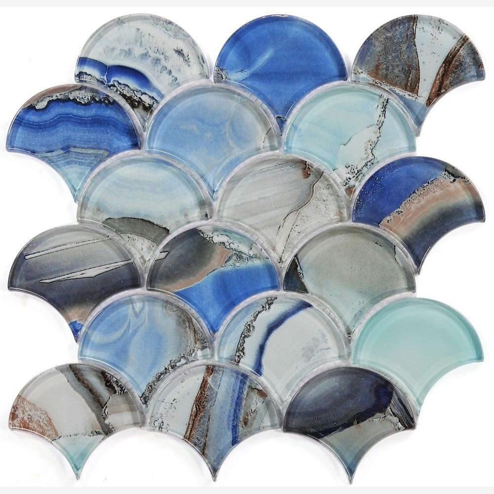 Dracarys Scale Shell Blue 9.5x9.75 Glossy Glass Mosaic Tile