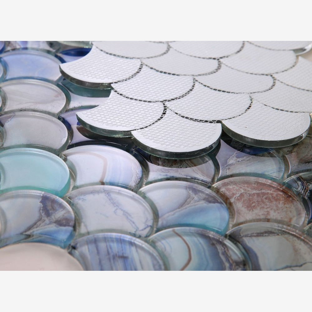 Dracarys Scale Shell Blue 9.5x9.75 Glossy Glass Mosaic Tile
