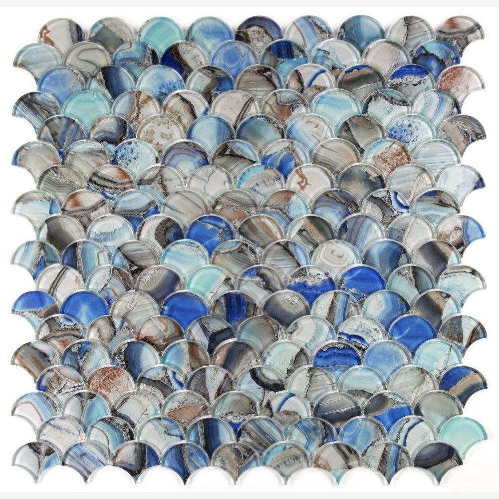 Dracarys Scale Shell Blue 9.5x9.75 Glossy Glass Mosaic Tile