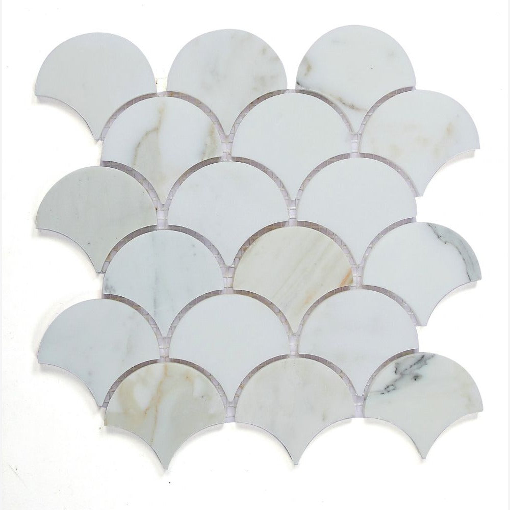 Dracarys Scale Calacatta Gold 9.75x10 Honed Marble Mosaic Tile