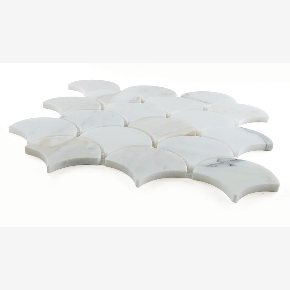 Dracarys Scale Calacatta Gold 9.75x10 Honed Marble Mosaic Tile