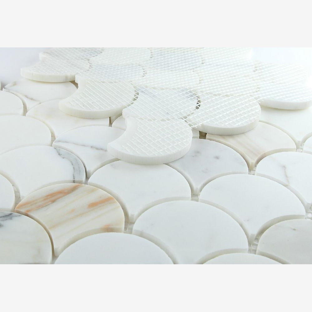 Dracarys Scale Calacatta Gold 9.75x10 Honed Marble Mosaic Tile