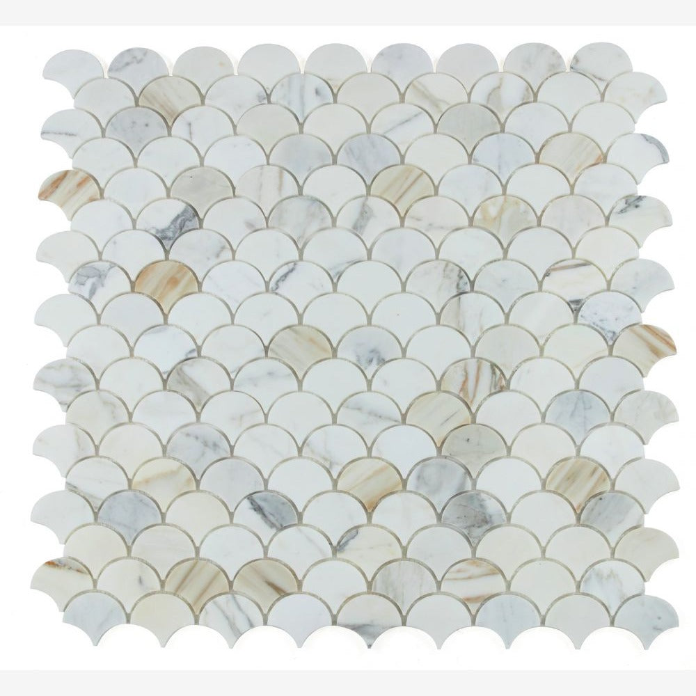Dracarys Scale Calacatta Gold 9.75x10 Honed Marble Mosaic Tile