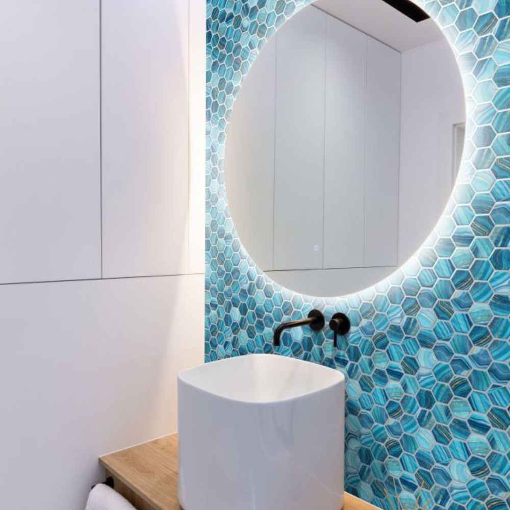 Aquatic Onyx Blue Hexagon Glass 11.25x11.25 Mosaic Tile