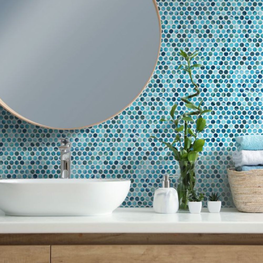 Aquatic Penny Onyx Blue Glass 11.25x11.25 Mosaic Tile Polished