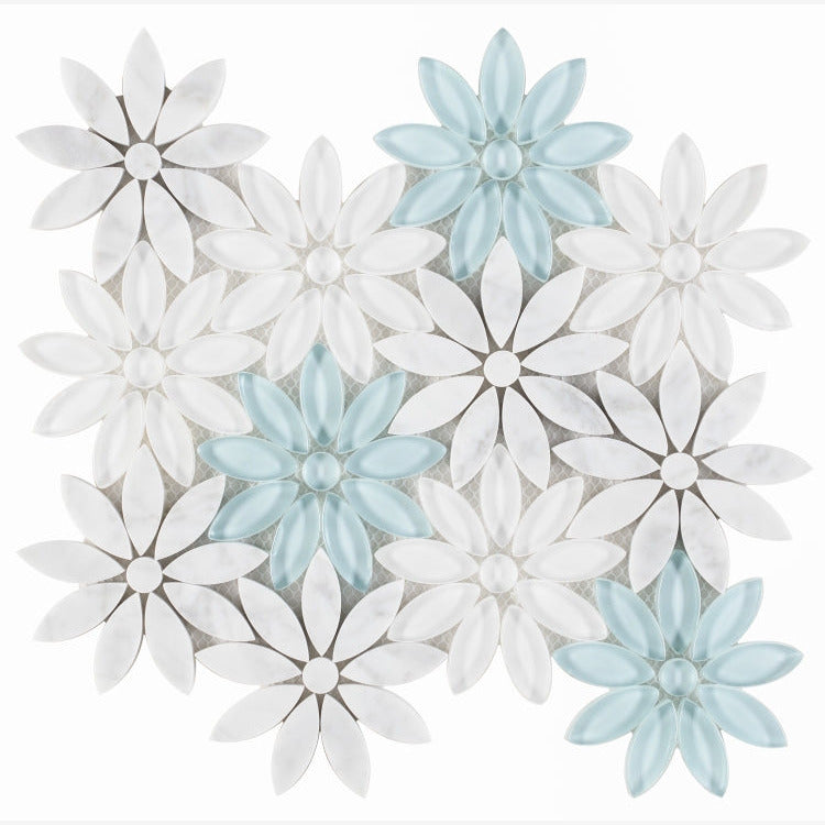Carrara White & Blue Glass Blend Daisy Flowers Mosaic