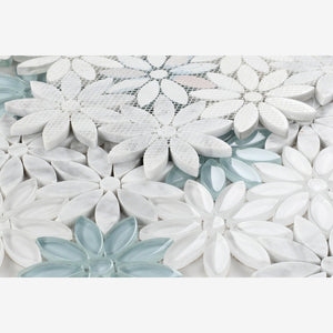 Carrara White & Blue Glass Blend Daisy Flowers Mosaic