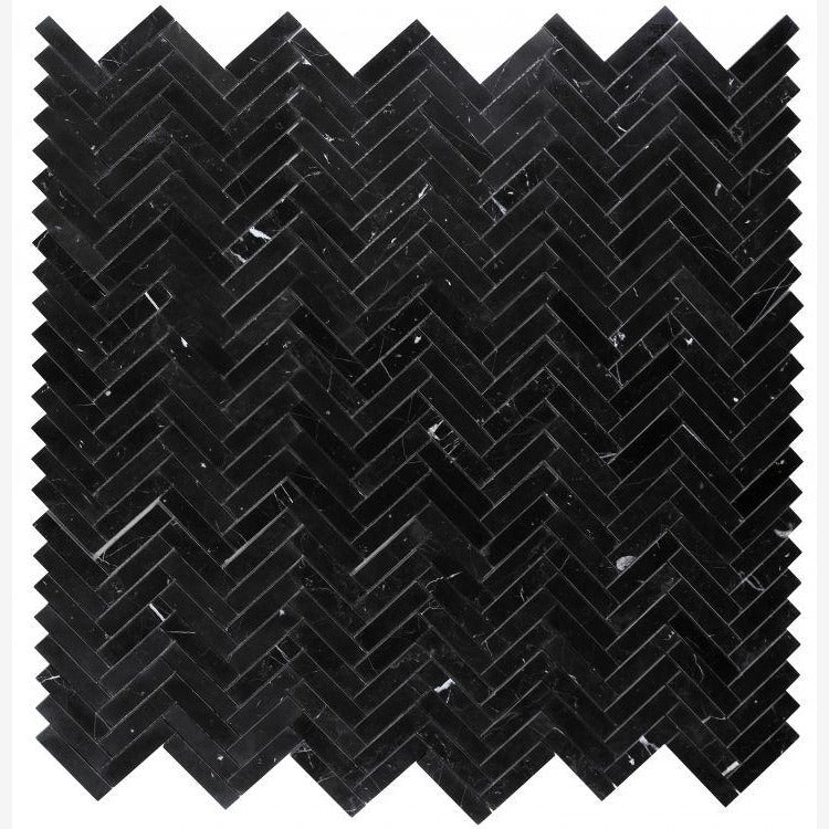 Nero Marquina 1×4 Herringbone Polished/Honed Marble Mosaic