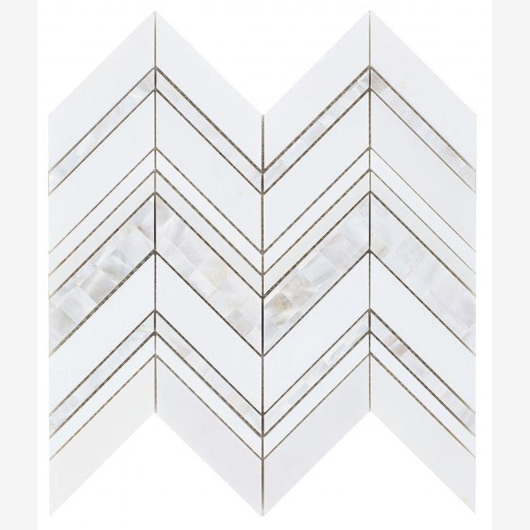 Celestial White & Mother of Pearl Chevron 11.75x12.25 Marble Tile