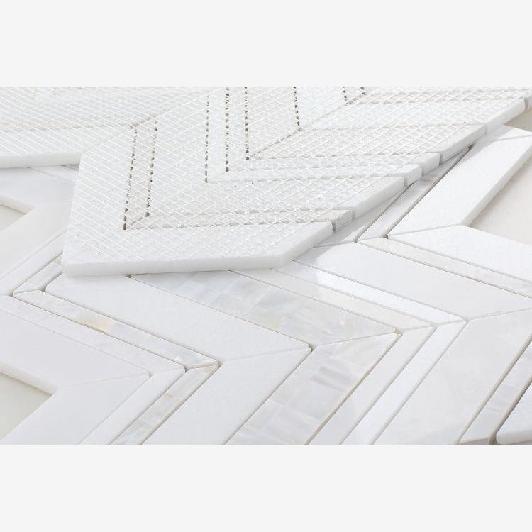 Celestial White & Mother of Pearl Chevron 11.75x12.25 Marble Tile