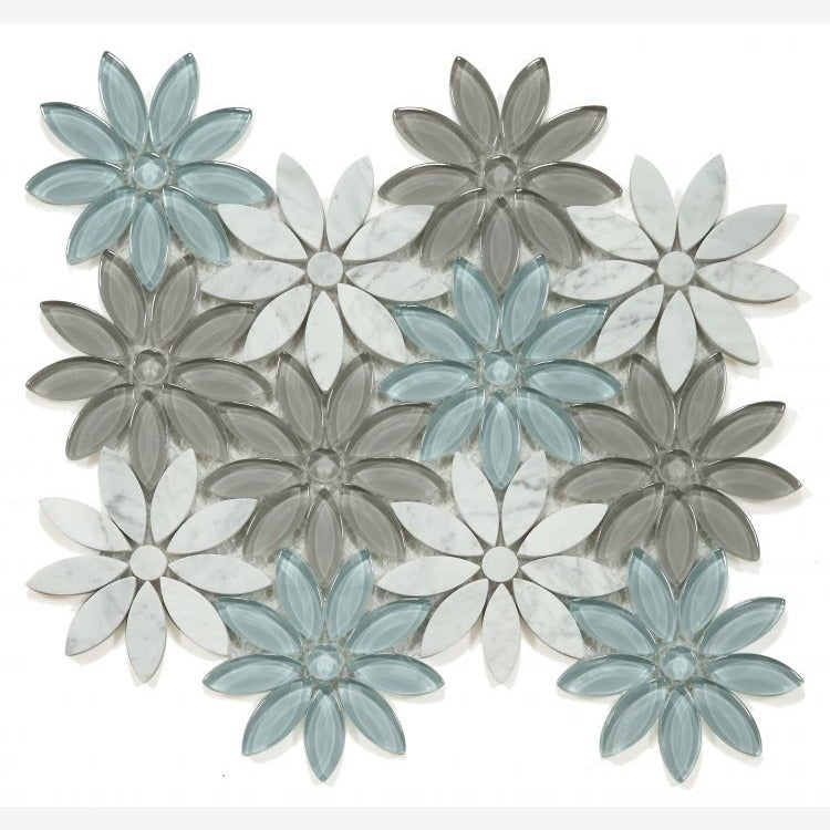 Carrara White Forest Glass Blend Daisy Flowers Mosaic Tile