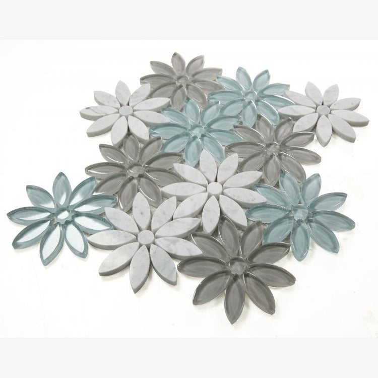 Carrara White Forest Glass Blend Daisy Flowers Mosaic Tile