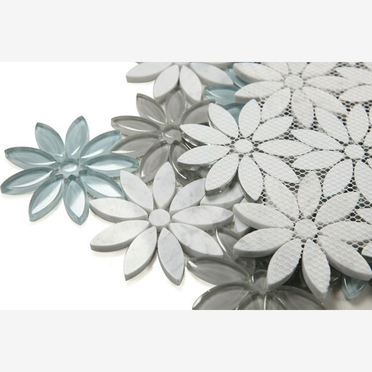 Carrara White Forest Glass Blend Daisy Flowers Mosaic Tile