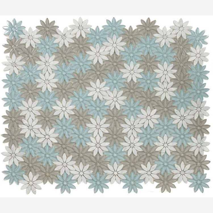 Carrara White Forest Glass Blend Daisy Flowers Mosaic Tile