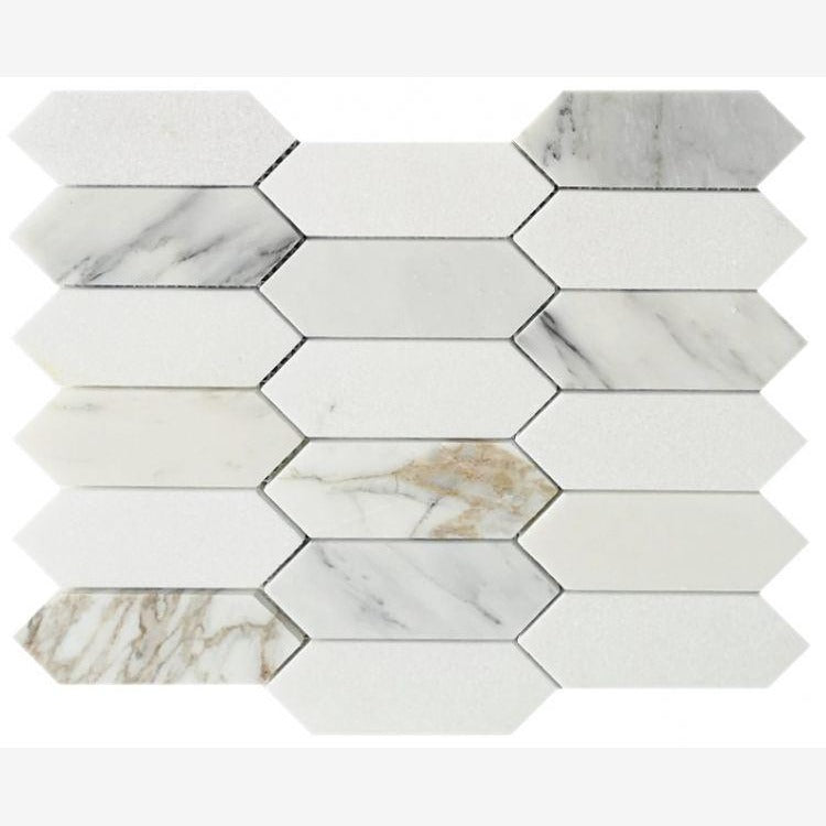 Altessa Calacatta 11.75x15 Gold & Thassos Elongated Hex Marble Mosaic