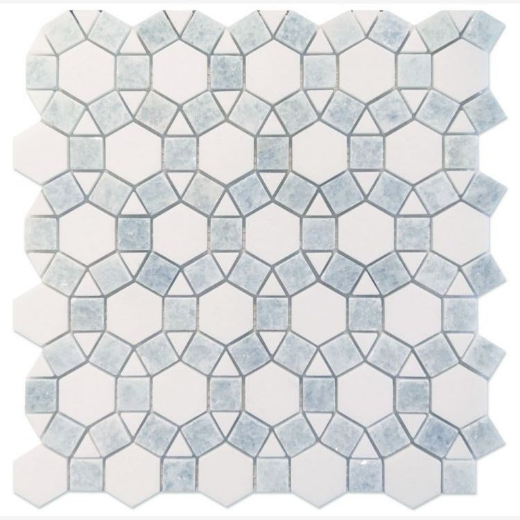 Granada Thassos White & Azul Celeste (Blue) 11.5x12 Marble Mosaic Tile