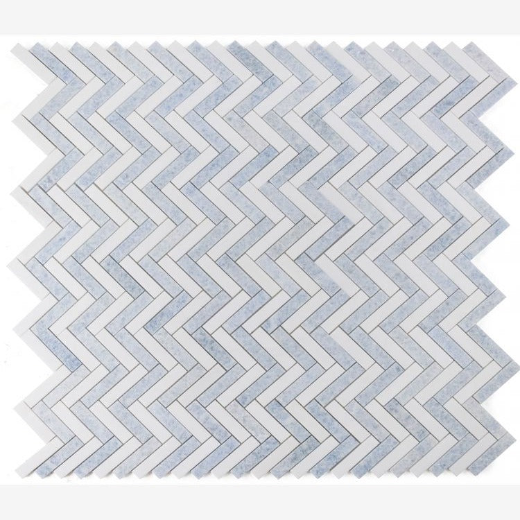 Celestial White & Azul Celeste (Blue) Herringbone 1X4 Polished Mosaic Tile