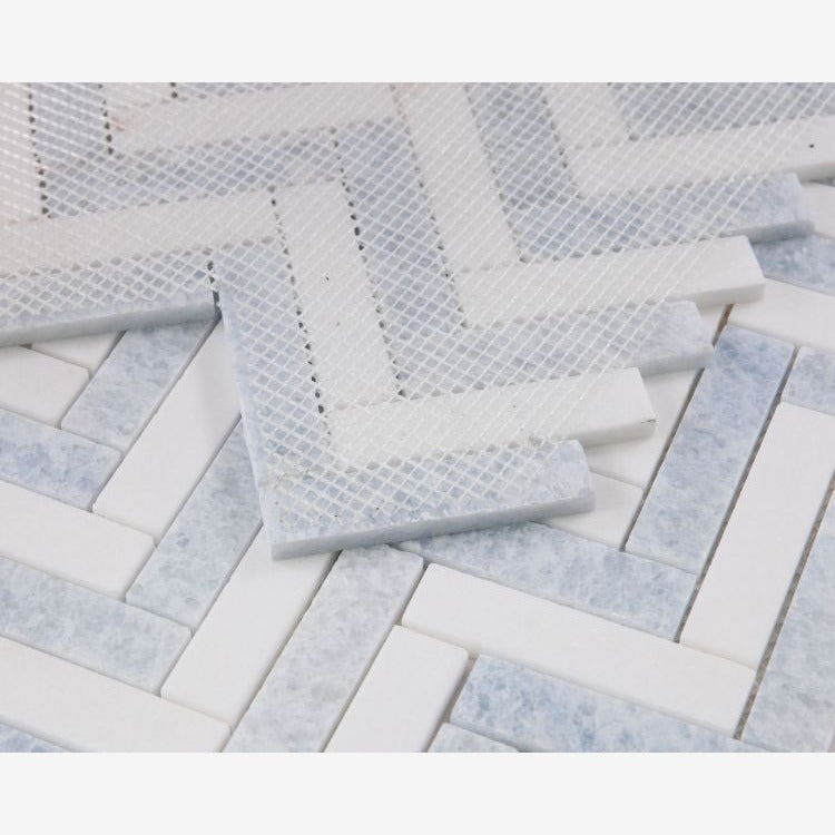 Celestial White & Azul Celeste (Blue) Herringbone 1X4 Polished Mosaic Tile