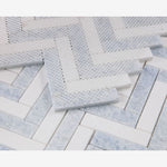 Load image into Gallery viewer, Thassos White &amp; Azul Celeste ( Blue ) Herringbone 1X4 Mosaic Polished

