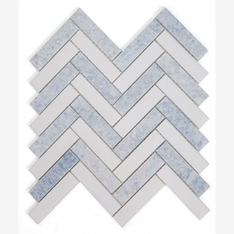 Celestial White & Azul Celeste (Blue) Herringbone 1X4 Polished Mosaic Tile