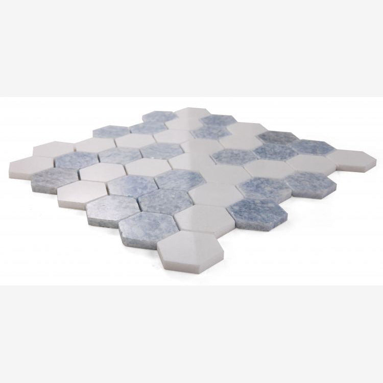 Celestial White & Azul Celeste (Blue) Hexagon 12x12 Polished Marble Tile
