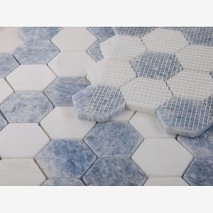 Thassos White & Azul Celeste (Blue) 2" Hexagon Marble Polished