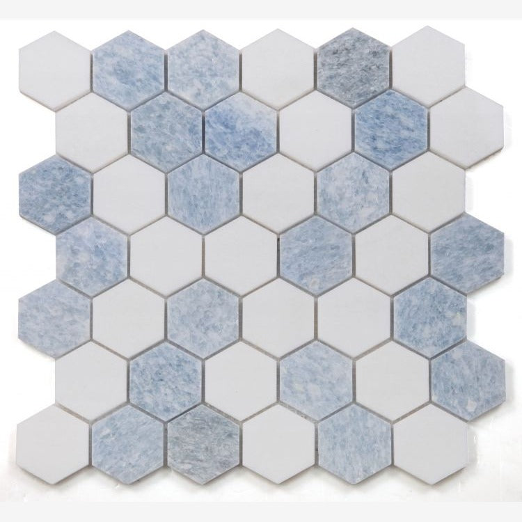 Celestial White & Azul Celeste (Blue) Hexagon 12x12 Polished Marble Tile