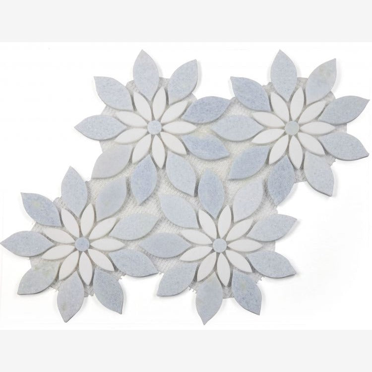 Celestial White and Azul Celeste (Blue) Daisy Flowers 11.75x13.25 Polished Mosaic Tile