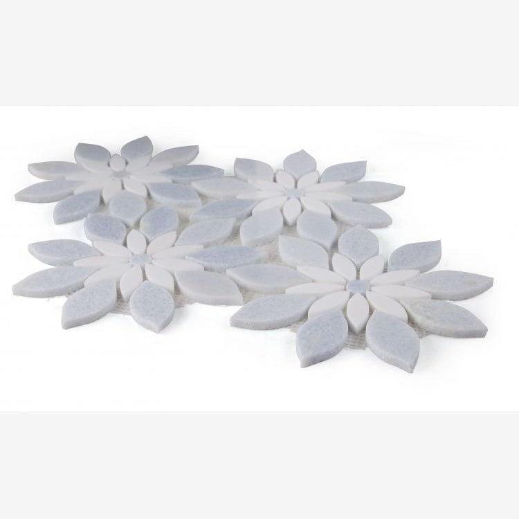 Celestial White and Azul Celeste (Blue) Daisy Flowers 11.75x13.25 Polished Mosaic Tile