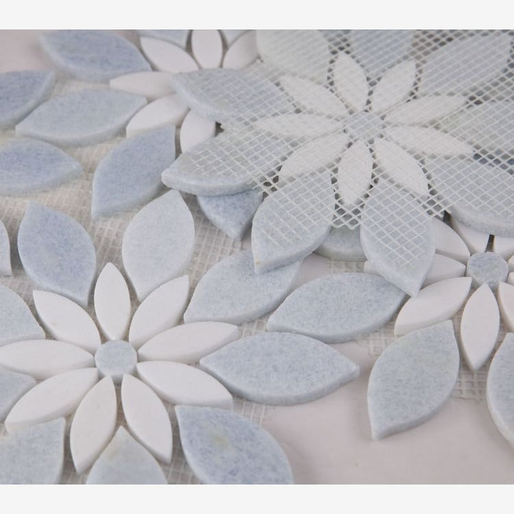 Celestial White and Azul Celeste (Blue) Daisy Flowers 11.75x13.25 Polished Mosaic Tile