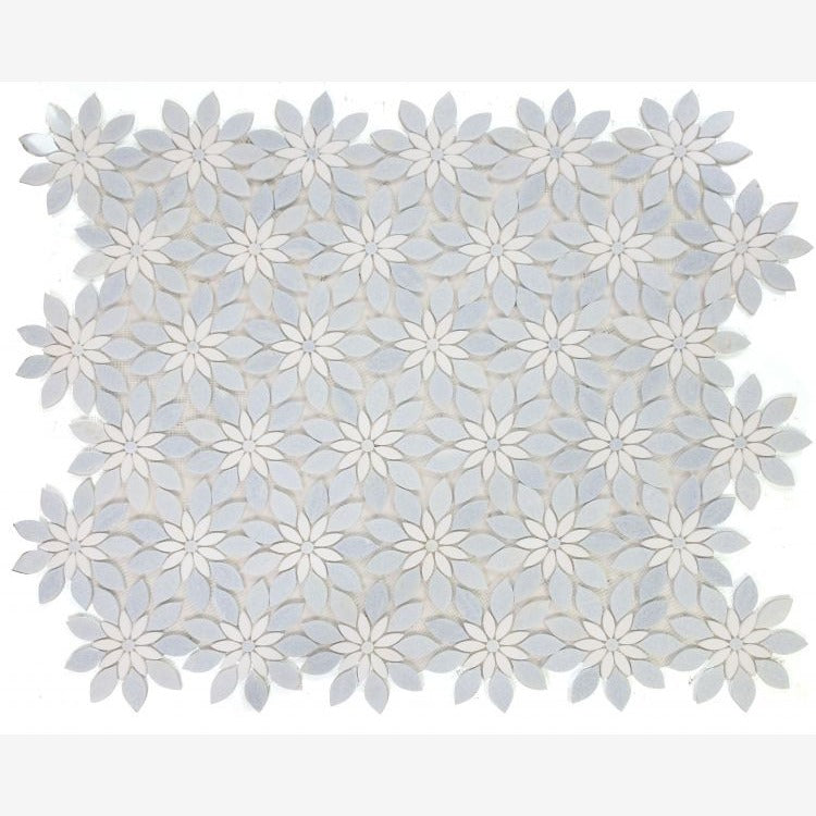 Celestial White and Azul Celeste (Blue) Daisy Flowers 11.75x13.25 Polished Mosaic Tile