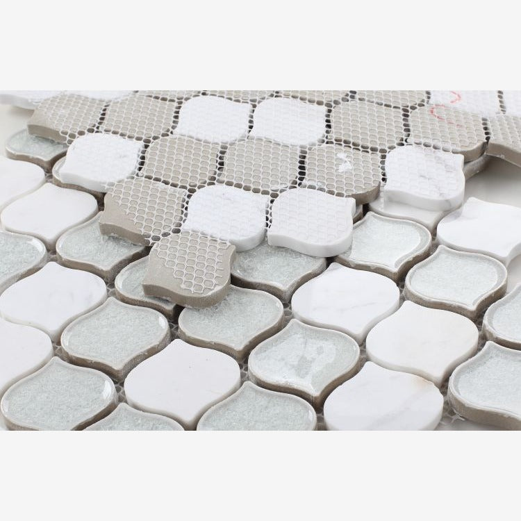 Luxor Carrara Arabesque Crackled Glass Mosaic Tile