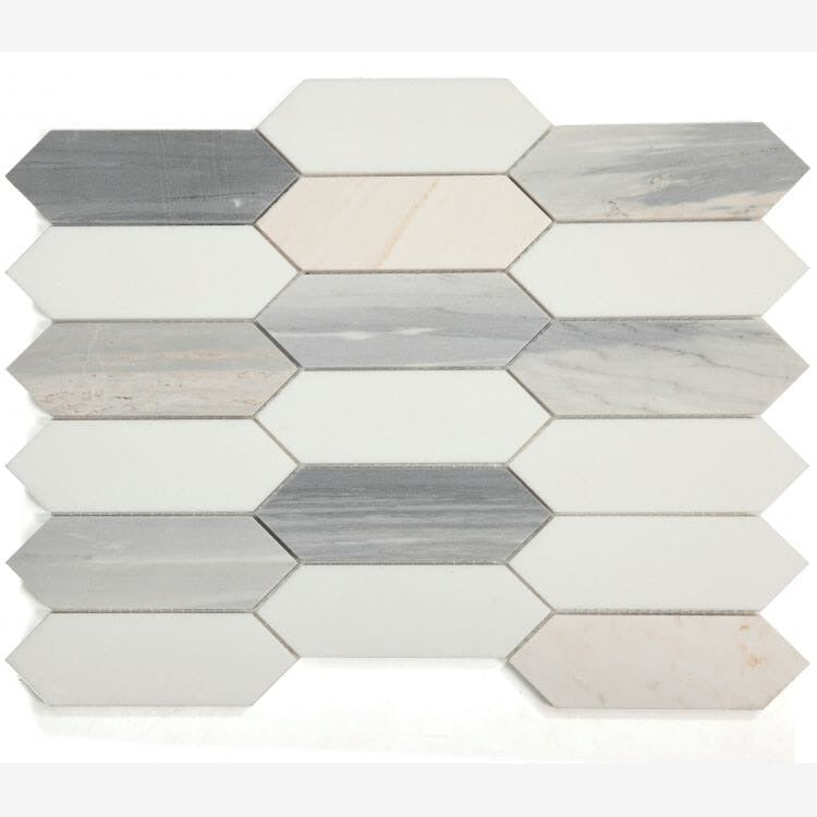 Carrara White & Blue Elongated Hexagon Marble Mosaic