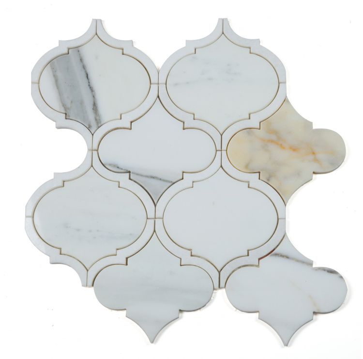 White Calacatta Marble Arabesque Blended Metallic Mosaic Tile Kitchen  Backsplash