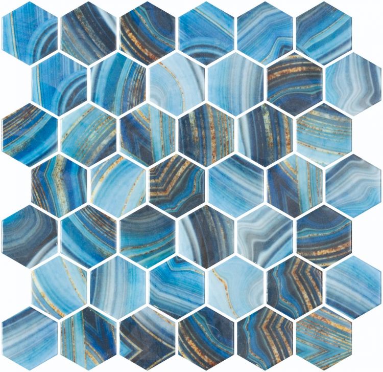 Aquatic Onyx Blue Hexagon Glass 11.25x11.25 Mosaic Tile